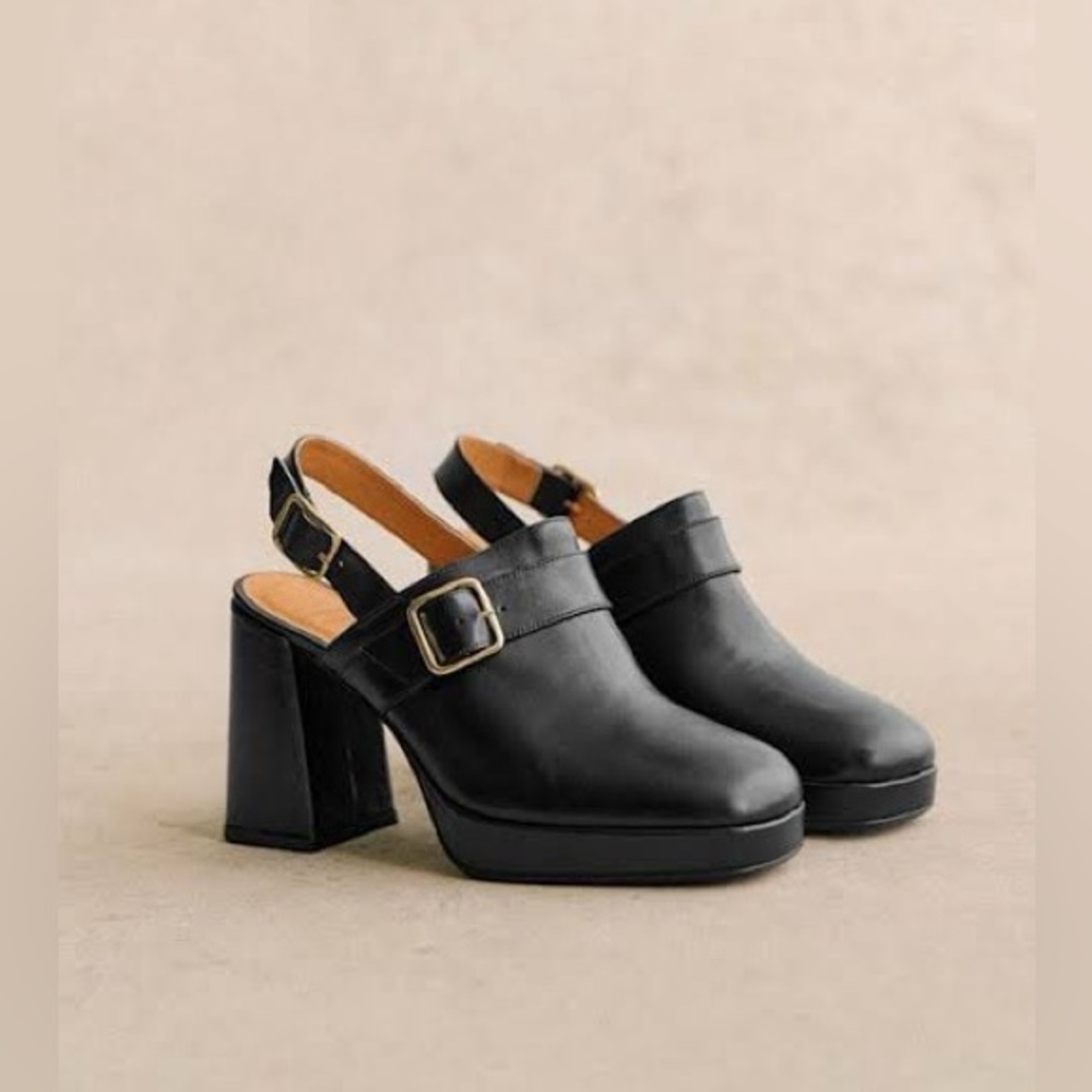 NIB Sézane Rebecca Sabots High Black Block Heel Mules, Size 7 US/38